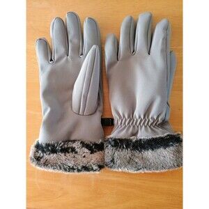 HEAD Ladies Grey Winter Gloves Faux Fur Wrists Clips Size Medium
